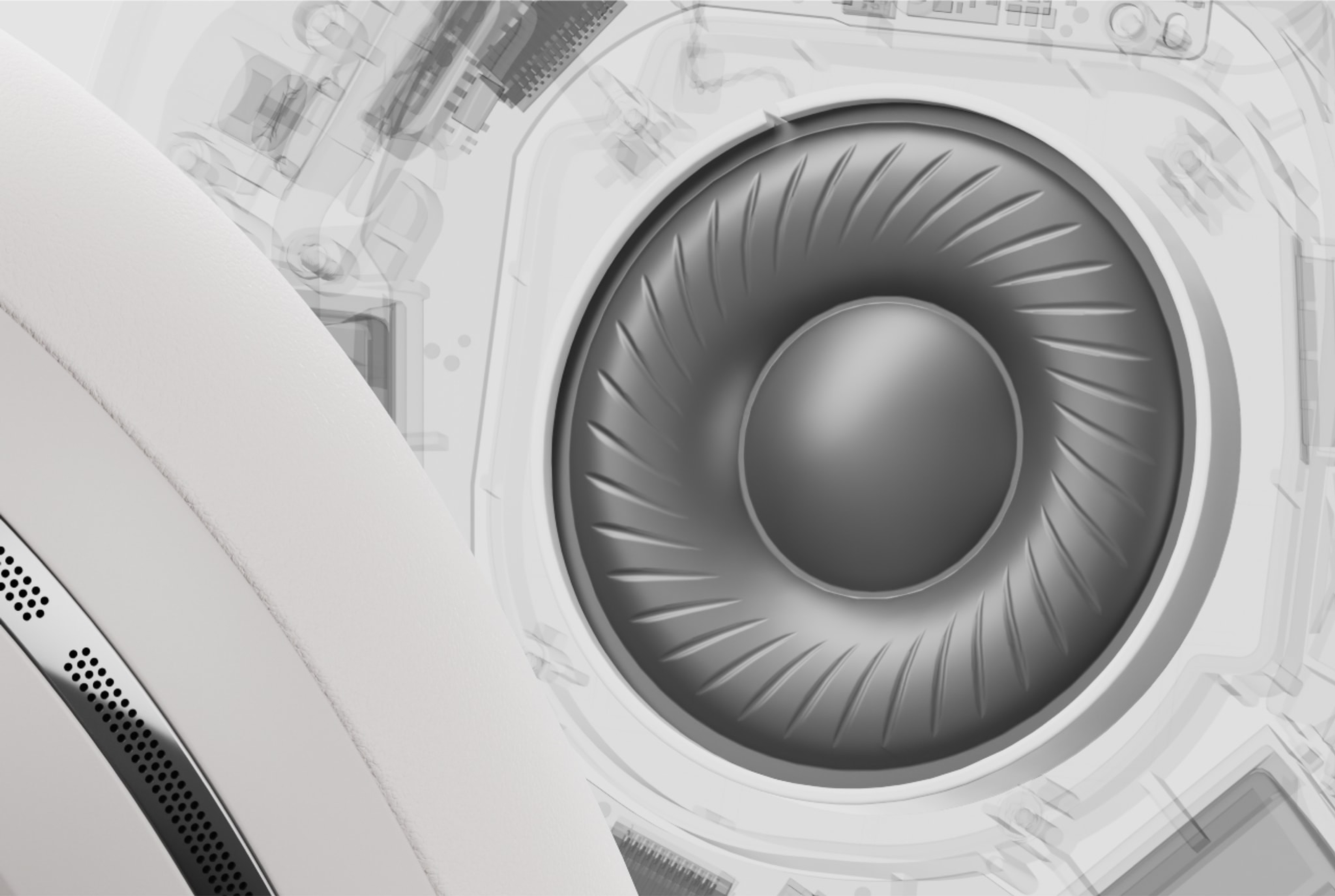 Primo piano di un driver per la riproduzione dei bassi all’interno di un paio di cuffie Sonos Ace bianche