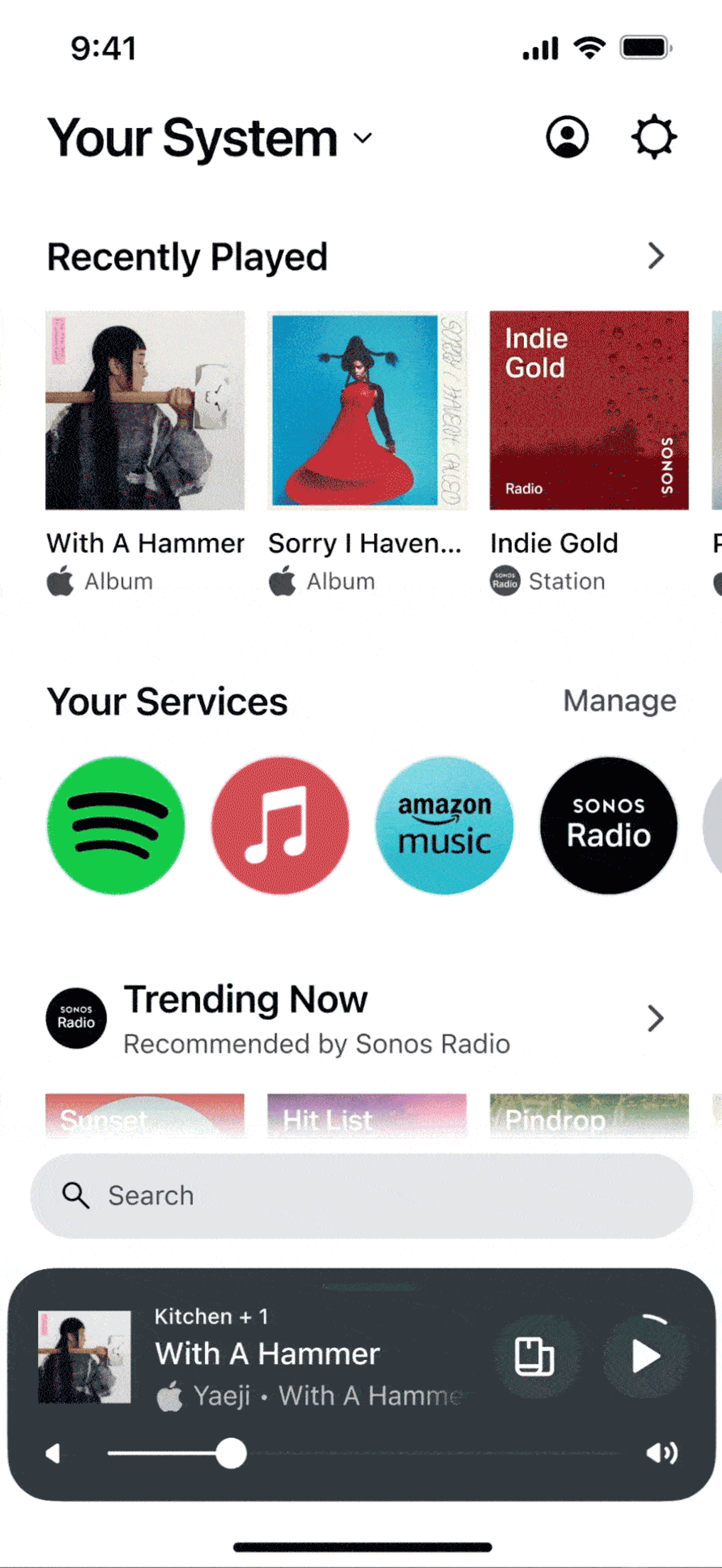 Animation der Navigation durch die Suchfunktion in der Sonos App