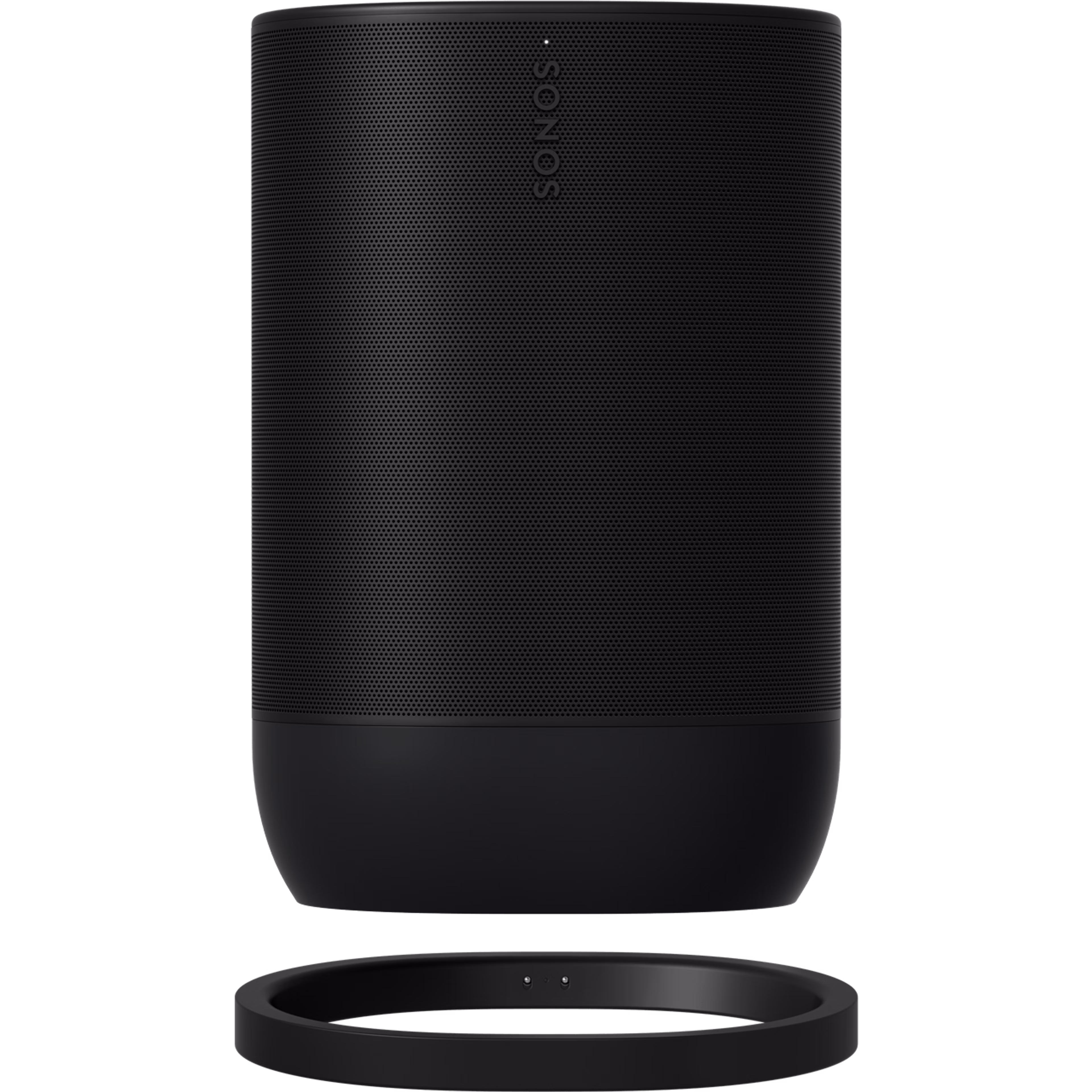 Musta Sonos Move 2 edestä kuvattuna yhteensopivan latausalustan yläpuolella