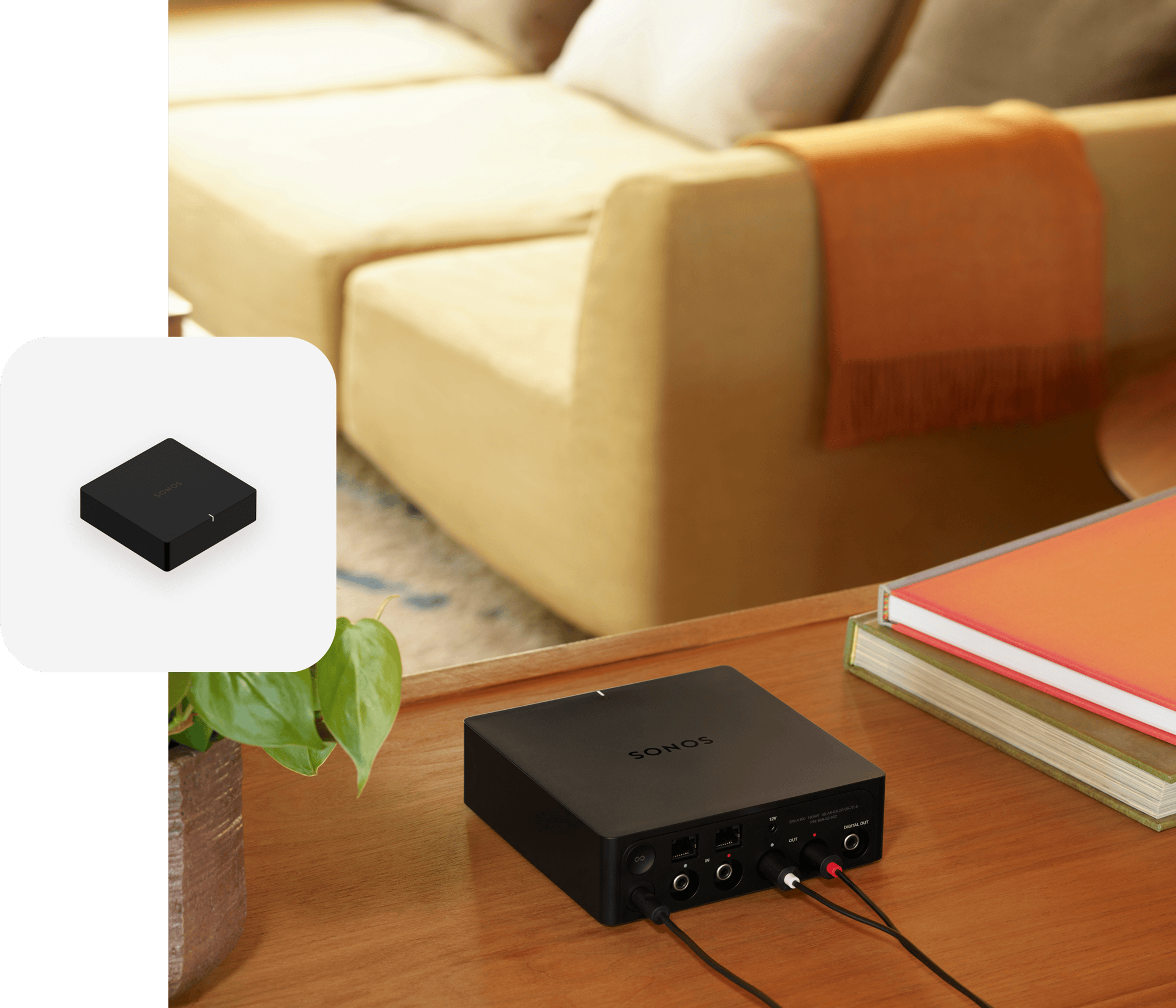 Un Sonos Port en color negro sobre una consola junto a libros, con una fotografía superpuesta de Port en color negro