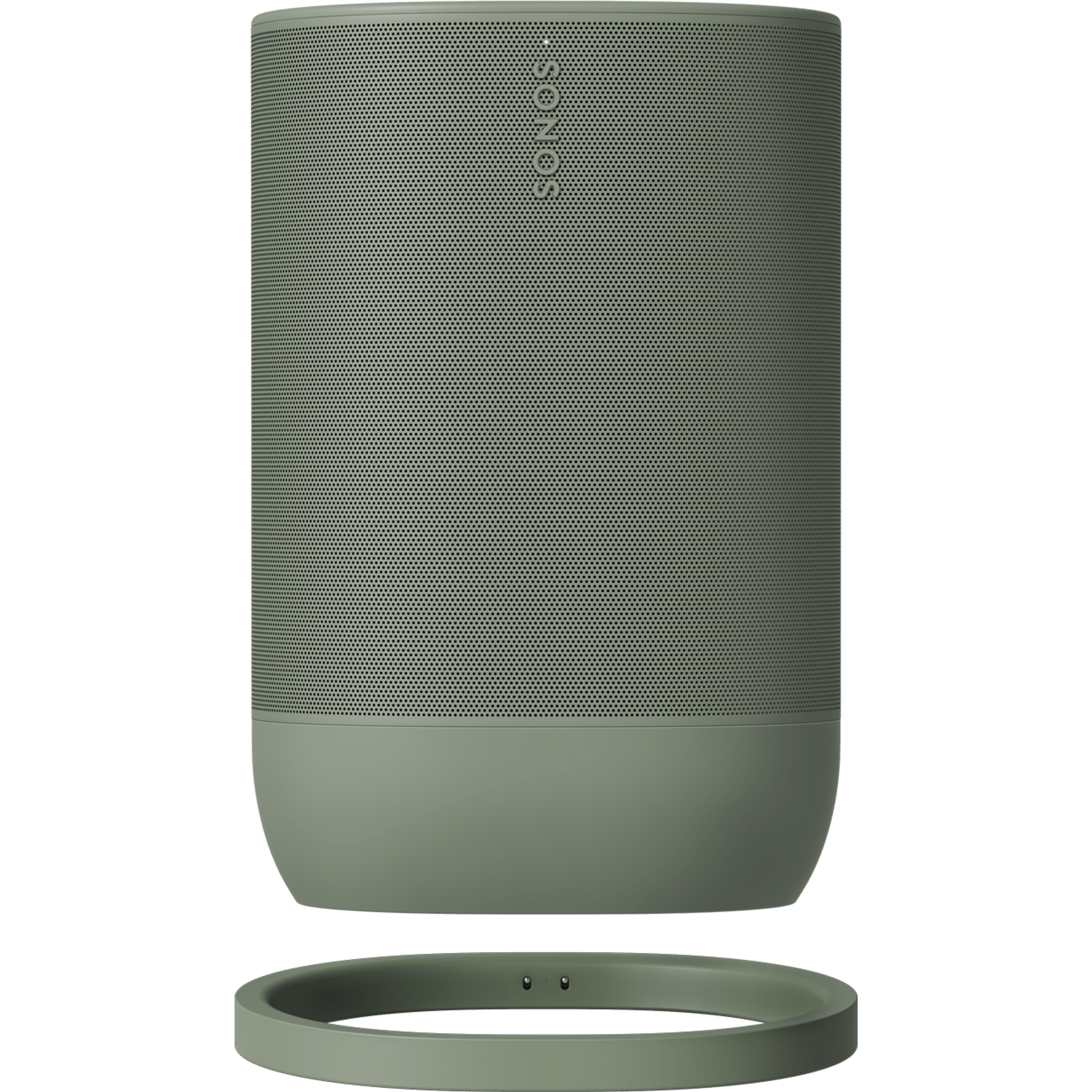 Image of Sonos Move 2 in Olive from the front hovering over its matching charging base