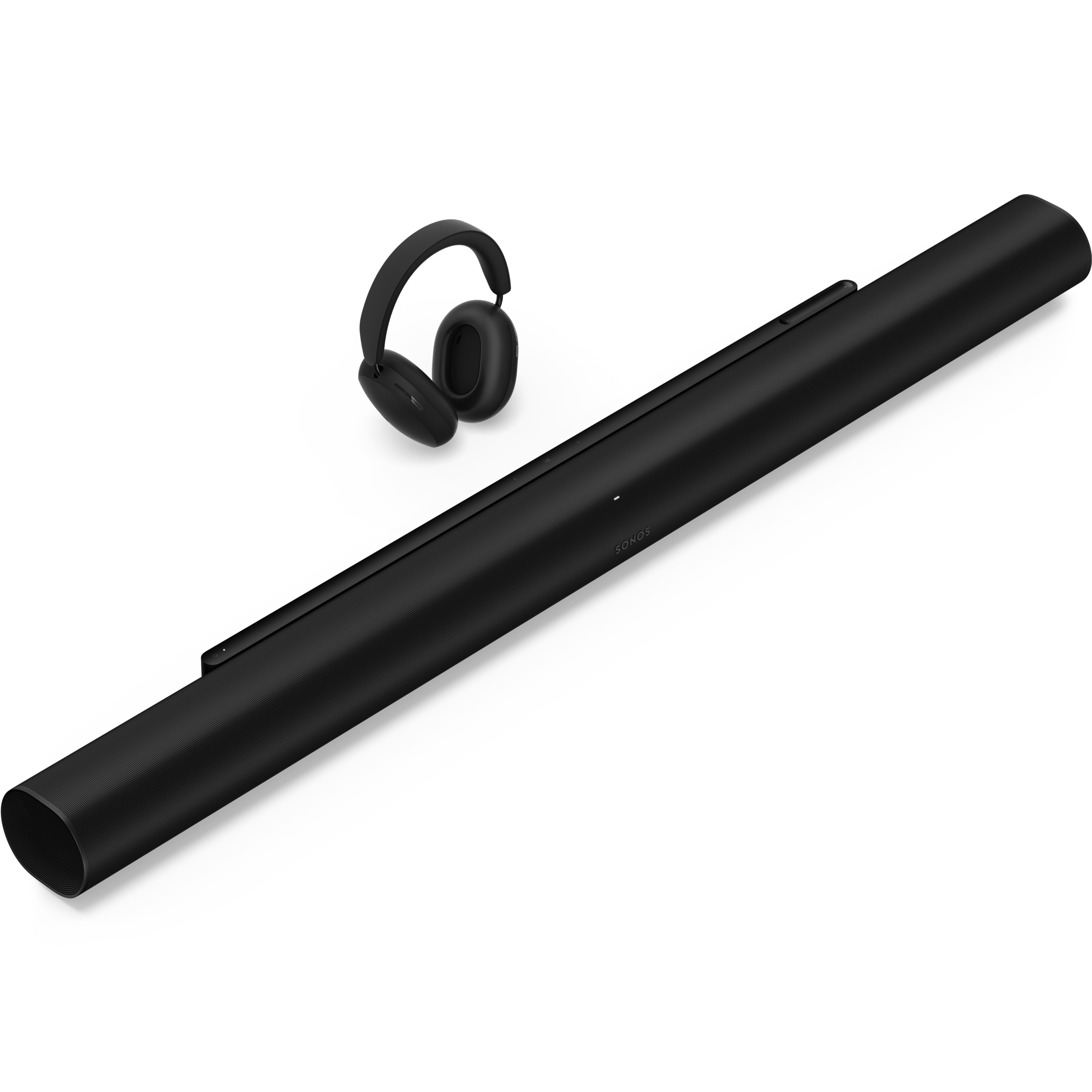 En svart Arc Ultra med svarte Sonos Ace-hodetelefoner